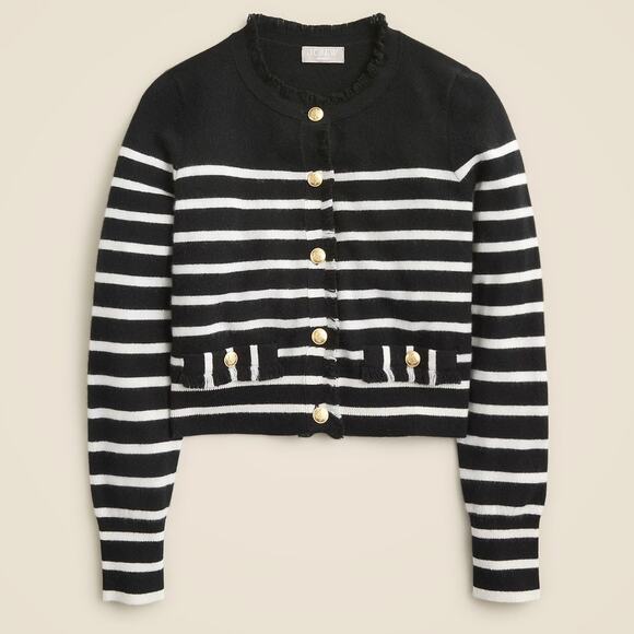 J.Crew Cashmere Fringe Trim Sweater Lady Jacket Striped Preppy Retro Small NWT - Picture 1 of 10